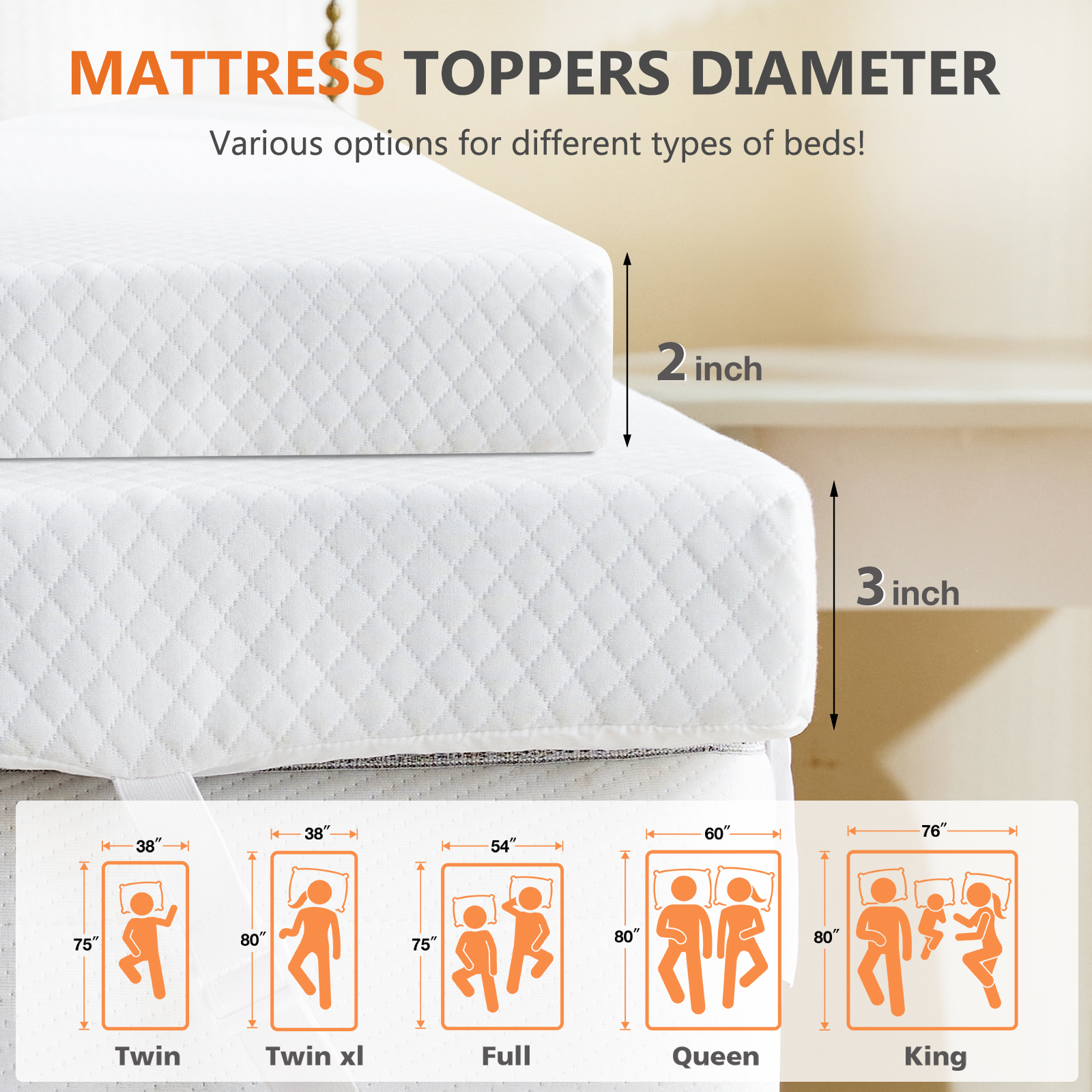 GIANNA 2 Inch Gel Memory Foam Mattress Topper Twin Size, Breathable Bed Pad with Removable Washable Cover, Non-Slip Design, White