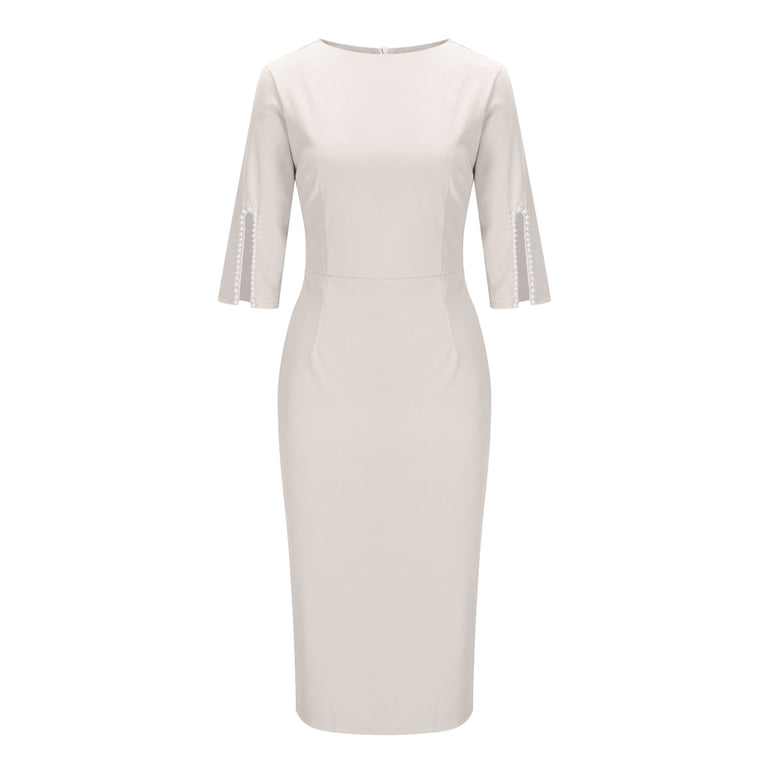 Zquuvou Women's Fitted Dress Round Neck 3/4 Sleeve Classy Bodycon Knee Length Office Dress for Work Formal Outfits White, Size: Large