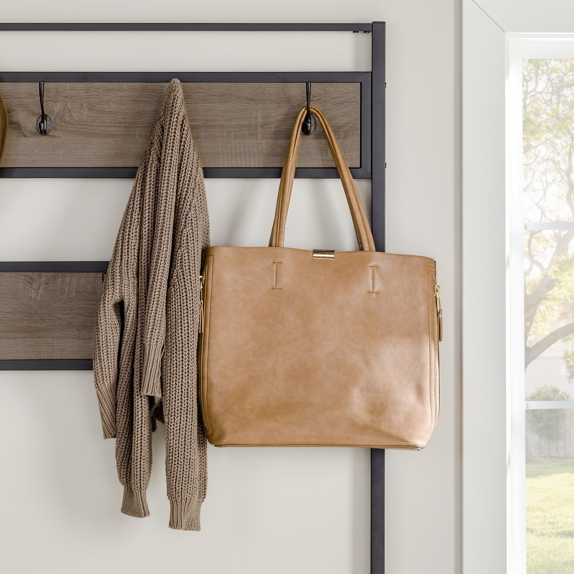 Walker Edison Industrial Hall Tree with Bench and Coat Hooks, Driftwood