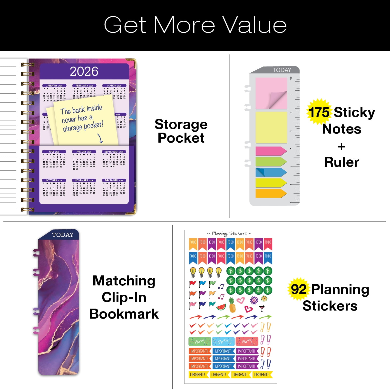 Global Printed Products Hardcover 2025 Daily, Monthly & Weekly Planner 5.5"x8", Pink Purple Marble