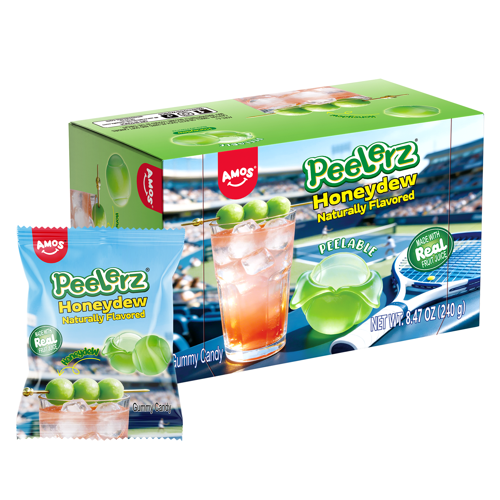 Amos Peelerz Gummy Candy Honeydew Candy, Peelable Naturally Flavor Tennis Shape Gummy, Fat-Free Candy 8.47oz