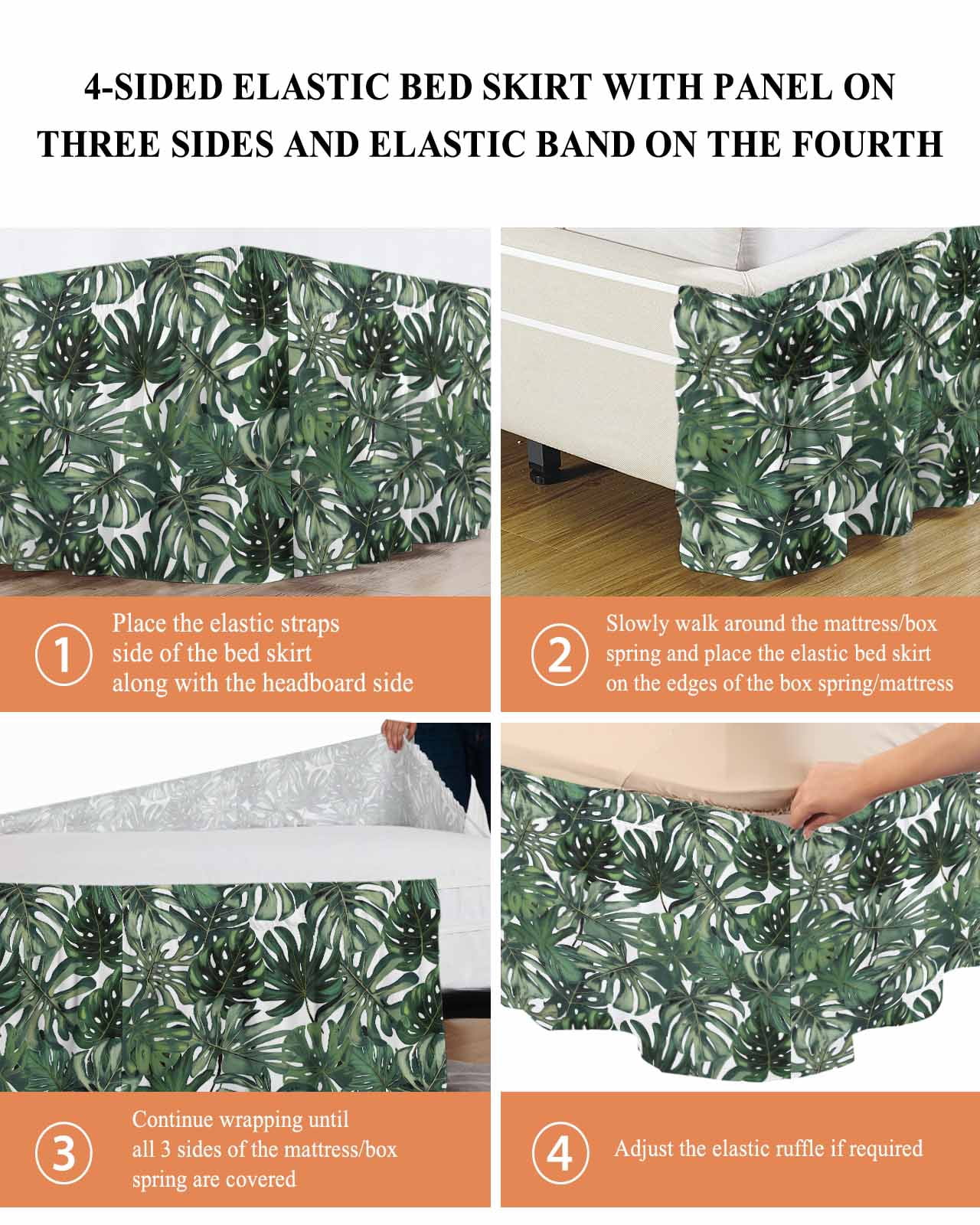 Green Palm Leaves Wrap Around Bed Skirts for King Bed 16" Drop, Bed Skirt with Adjustable Elastic Belt Dust Ruffle Bed Valance for Bedroom Hotel Luxury Summer Tropical Leaf Vintage Bed Frame Cover