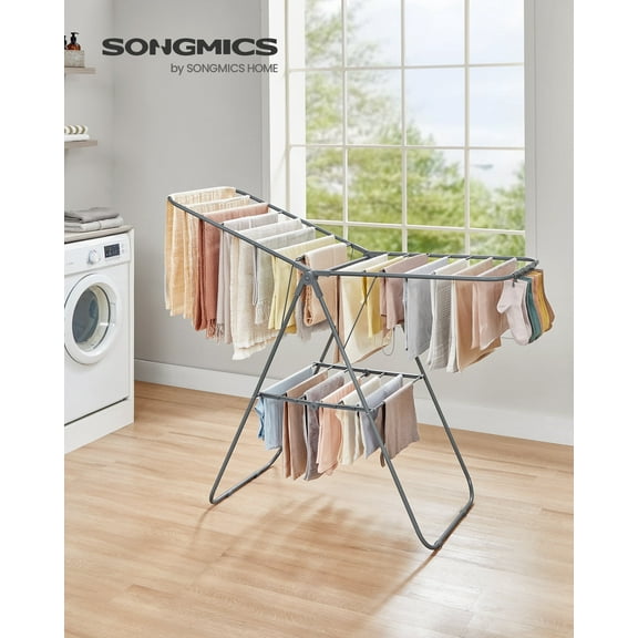 Foldable Clothes Drying Rack - 24 Rods & 27 Clips, Adjustable Gullwings, Space-Saving Laundry Airer for Indoor/Outdoor Use, Gray