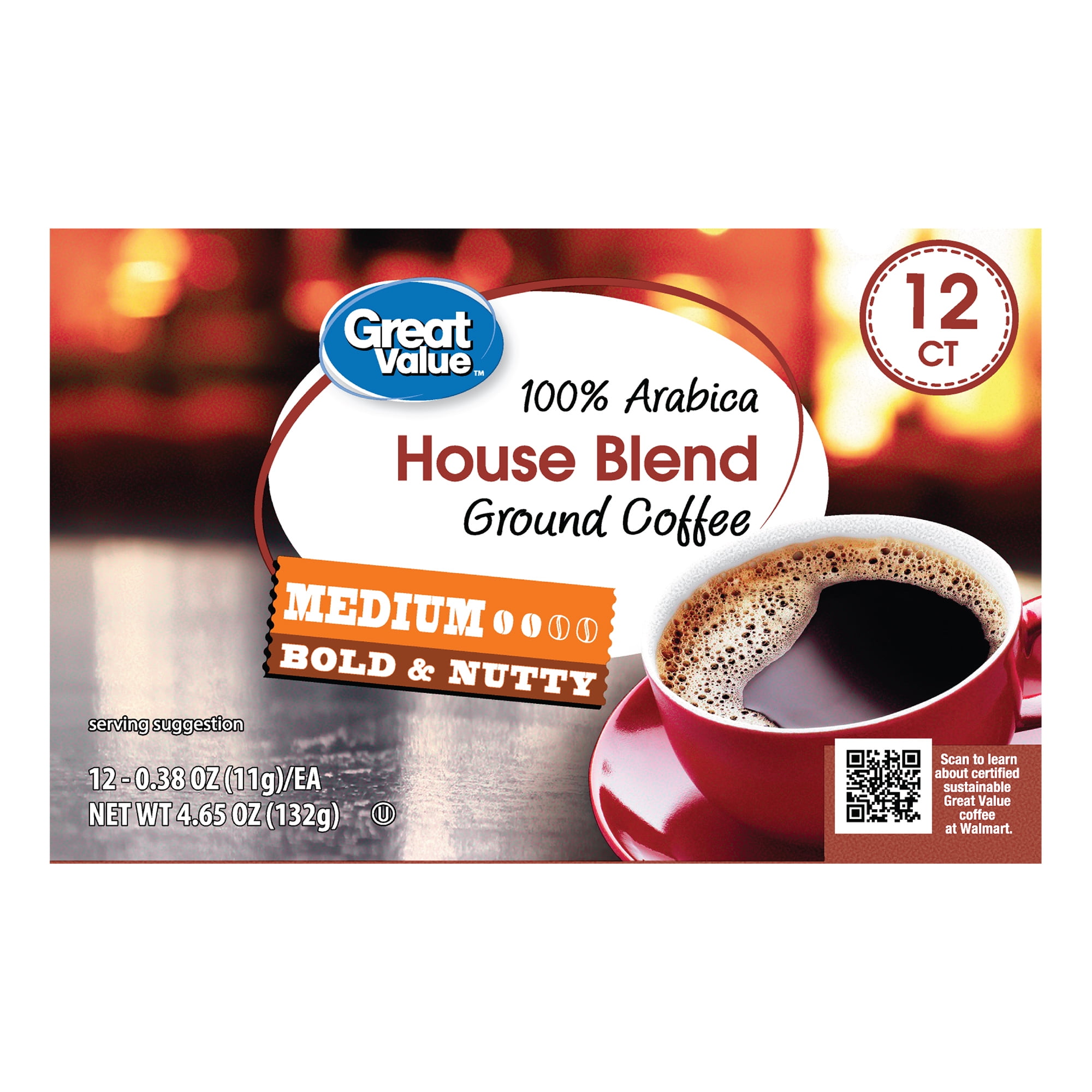 (6 pack) Great Value 100% Arabica House Blend Medium Roast Coffee Pods, 12 Count