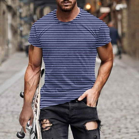 Awdenio Mens T-shirt Striped New Fashion Casual T-shirt Print Sports Short Sleeve Round-Neck Blouses Shirts Durable, Stretch & Stylish,Size M-4XL