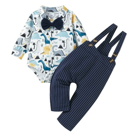 

Infant Baby Boys Gentleman Bow Tie Shirt Tops+Straps Stripe Pants Outfits Set