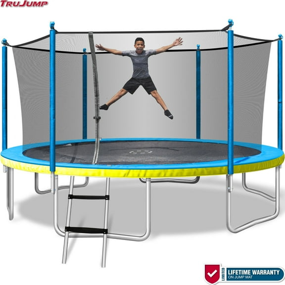 Sportspower TruJump 15' Trampoline with Safety Enclosure & Jump Mat with Lifetime Warranty, BLUE & YELLOW