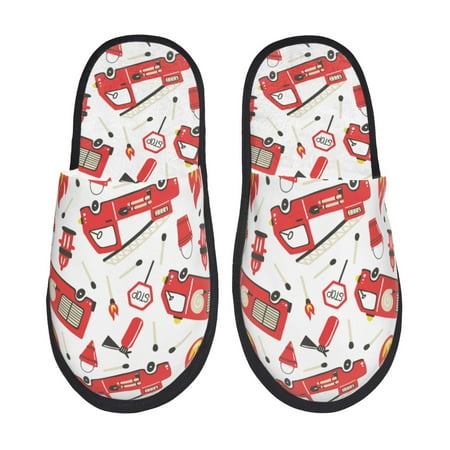Balery Fire Truck Slient Indoor Furry Fleece Comfort House Shoes Soft Non-Slip Home Shoes Cotton slippers House Slippers-- Medium