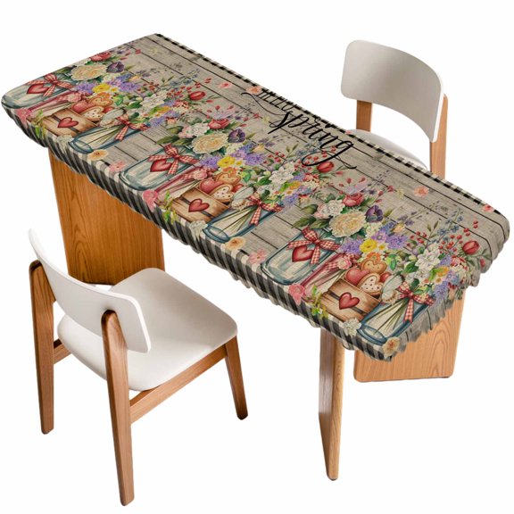 Spring Flowers Table Cloths for 8 Foot Rectangle Tables, Farmhouse Vintage Black Plaid Wood Grain Patio Waterproof Elastic Fitted Tablecloths, Washable Rectangular Table Cover for Camping