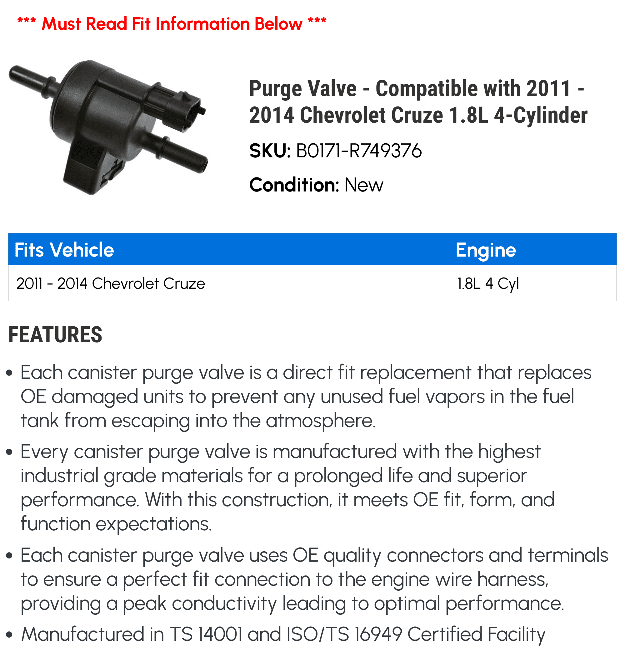 Purge Valve - Compatible with 2011 - 2014 Chevy Cruze 1.8L 4-Cylinder 2012 2013