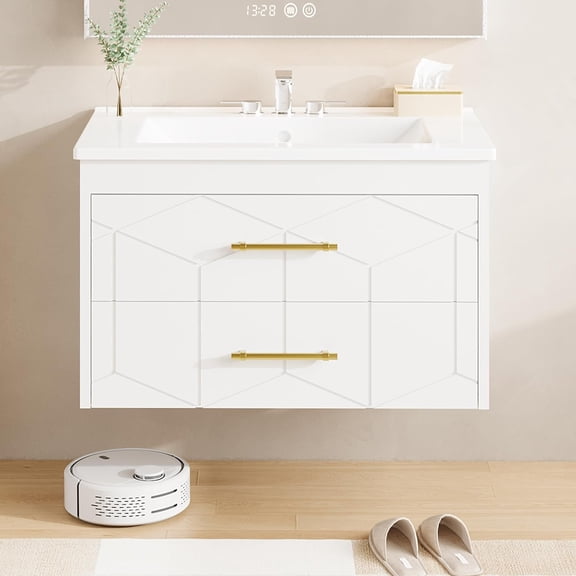 24" Bathroom Vanity with Sink, Floating Bathroom Vanity with Ceramic Basin, 2 Large Storage Drawers with Gold Metal Handle, Modern Wall Mounted Bathroom Cabinet with Sink, White