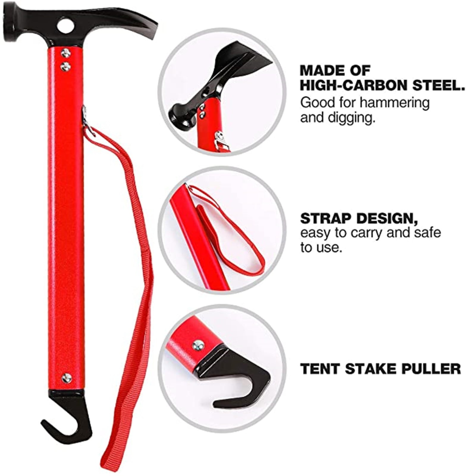 Mallet Hammer Tent Peg Stake Puller High-carbon Steel Shaft Camping Hiking Tool 