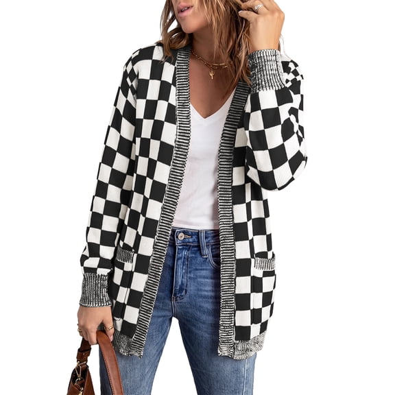 Eytino Cardigans for Women Color Block Plaid Oversized Sweaters Long Sleeve Open Front Knit Cardigan Fall Winter Outwear