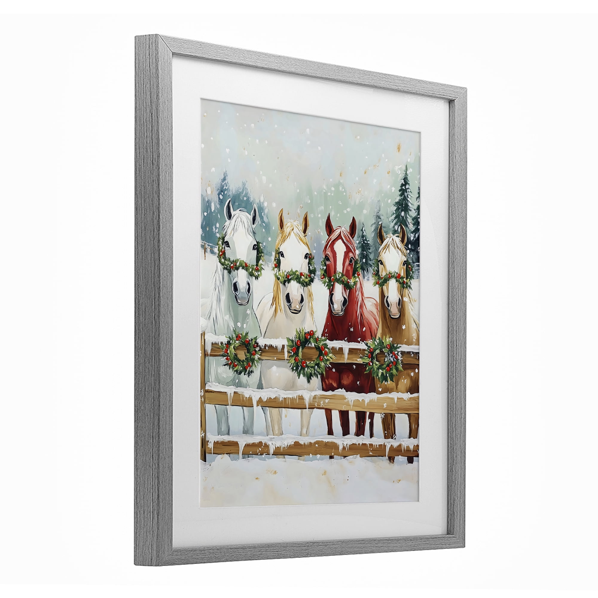 Stupell Industries Christmas Horses with Holly Wreaths Gray Framed Print Under Glass, design by The Prints Vibe