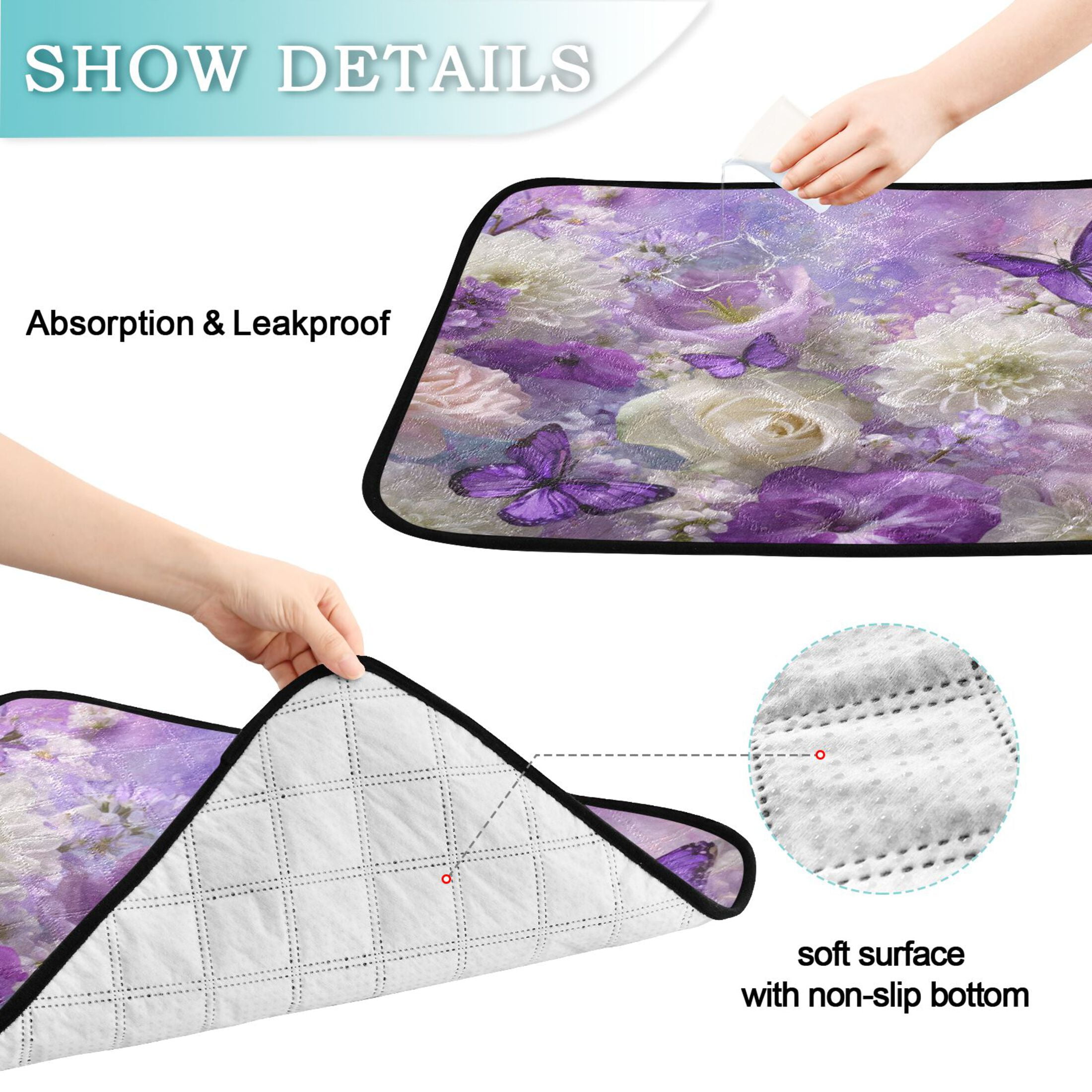 Qxltty Purple Butterfly Floral Cat litter Pads Pet Set of 3 Diaper Mats Center Anti-leakage Layer Absorbent Soft and Comfortable