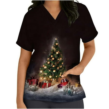 

Gallickan Scrubs Women Women Short Sleeve V-neck Tops Uniform Christmas Tree Printed Pockets Blouse Nursing Clearence Promotion!