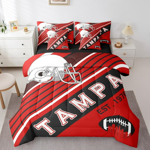 Ensemble de Literie Rugby Taille Simple, 7 Pcs Ensemble de Literie Football Américain avec Draps, Couette Rouge + Drap Plat + Drap-Housse + 2 Taies d'Oreiller + 2 Housses de Coussin (Tampa)