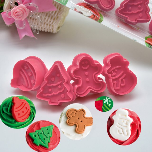 Juego de 4 cortadores de galletas navideñas con forma de árbol de Navidad, muñeco de nieve, pan de jengibre, huevo, cortador con mango con resorte