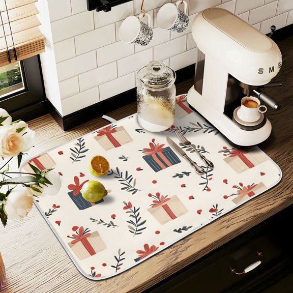 Yayeee Dish Drying Mat for Kitchen Counter 16" x 18" Microfiber Super Absorbent Coffee Decorative Pad, Christmas Box Pattern