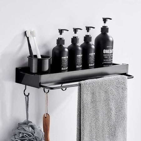 Self Adhe ive Show Bathroom Stick on Wall Show Caddy Aluminum with Hook and Towel Rail Black for ...