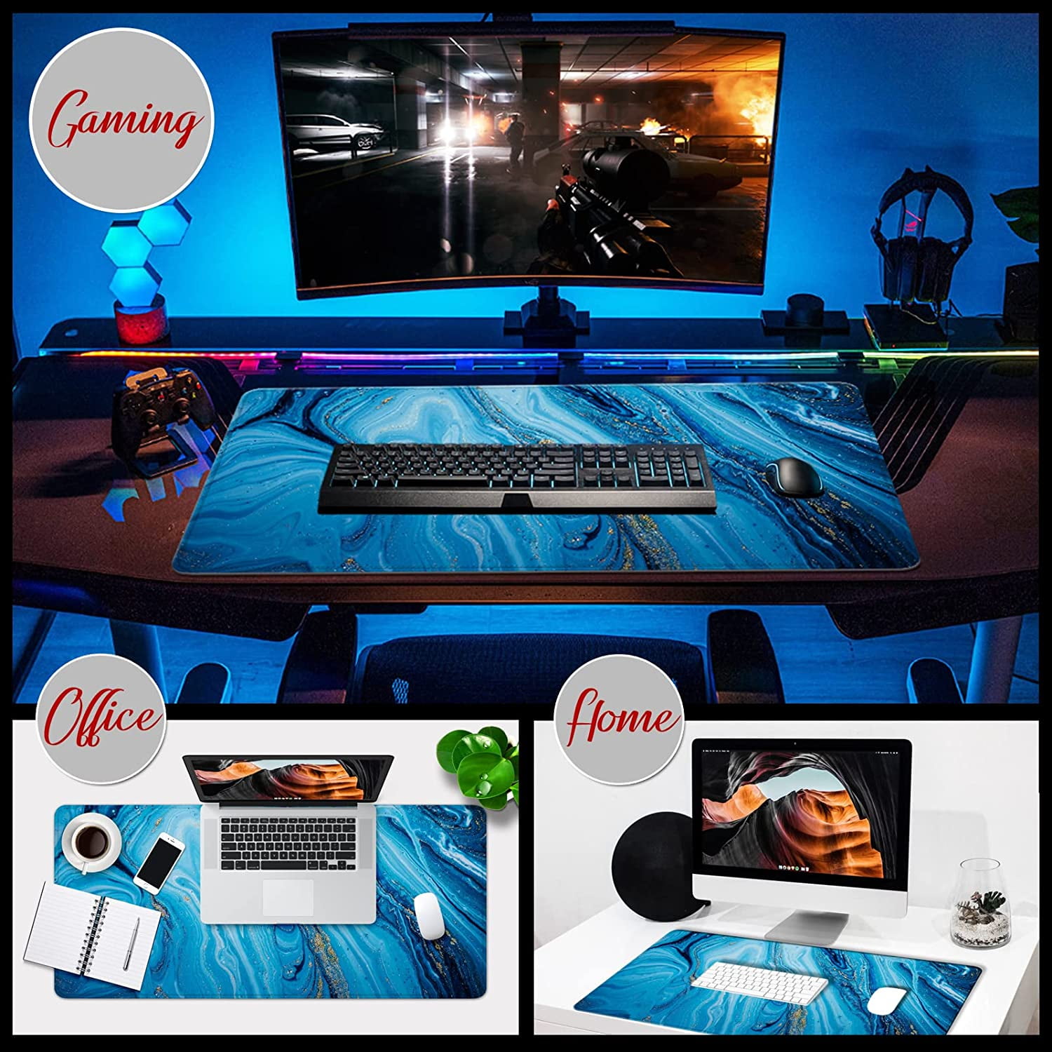 Blue Marble Mouse Pad XXL Large Mouse Pad for Desk 35x15.7x0.12inch Desk Mat Gaming Mouse Pad (Blue)