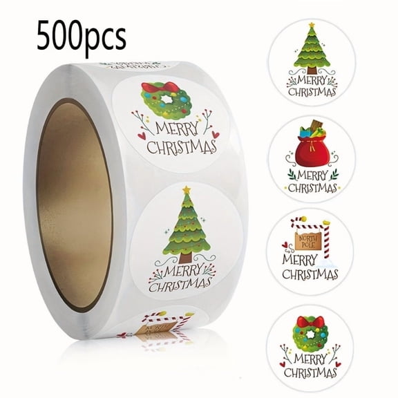 500Pcs Merry Christmas Stickers, Round Christmas Tags Labels, Adhesive Xmas Decorative Holiday Christmas Envelope Seals Stickers for Cards Gift Envelopes Boxes (1 Inch)