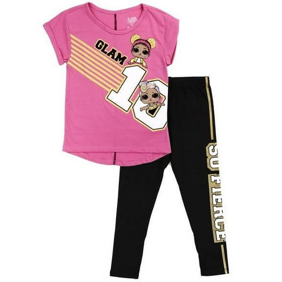 L.O.L. Surprise Girls 2 Piece Son Fierce Glam Short Sleeve Shirt and Legging Set, Pink, 4