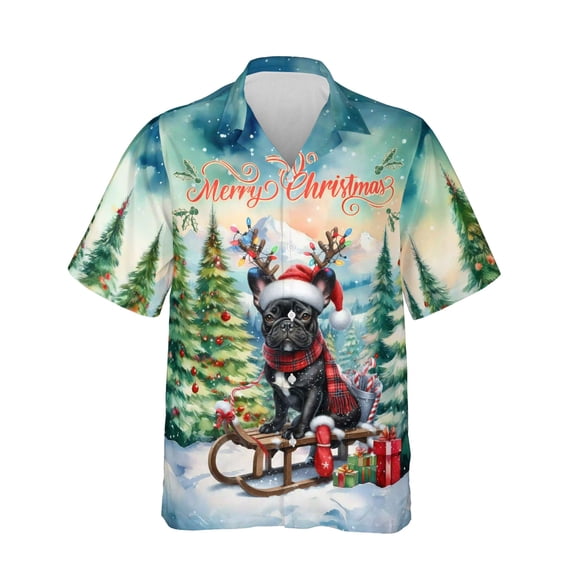 Merry Christmas Santa Reindeer Antlers French Bulldog Sleigh Xmas Winter Holiday Hawaiian Shirt Breathable Summer Unisex Merch Dog Lover Gifts - 00023