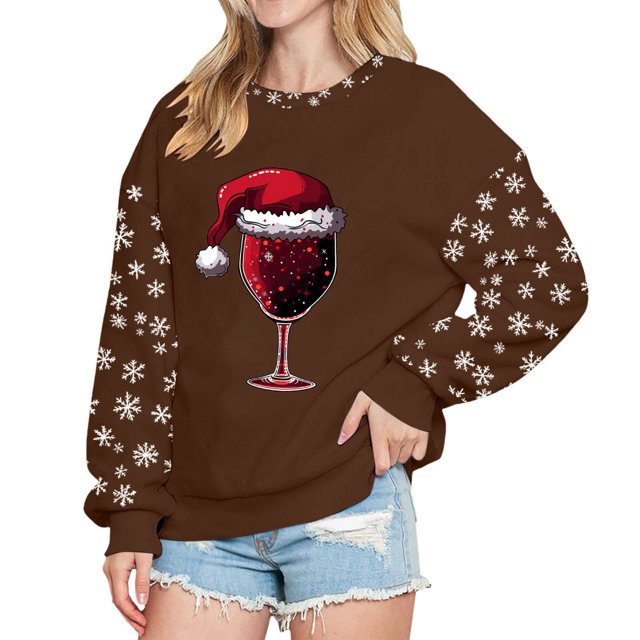EHQJNJ Chandail en Molleton Graphique Café Noël pour Femmes Col Rond Pull Col Rond Chandail en Molleton Imprimé Festif Tunique Décontractée Chandail en Molleton de Noël pour Femmes