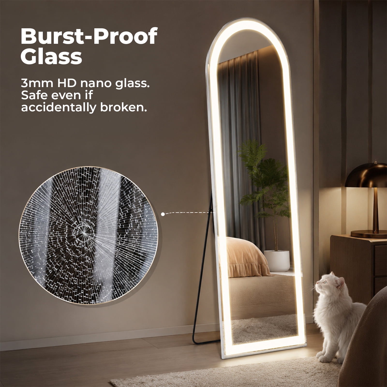 Alvantor Full Length Mirror with LED Lights, 16x60"-26x71" Lighted Full Body Floor Mirror with Dimming & 3 Color Lighting, Stand for Bedroom, Dressing Room, Rect/Arched