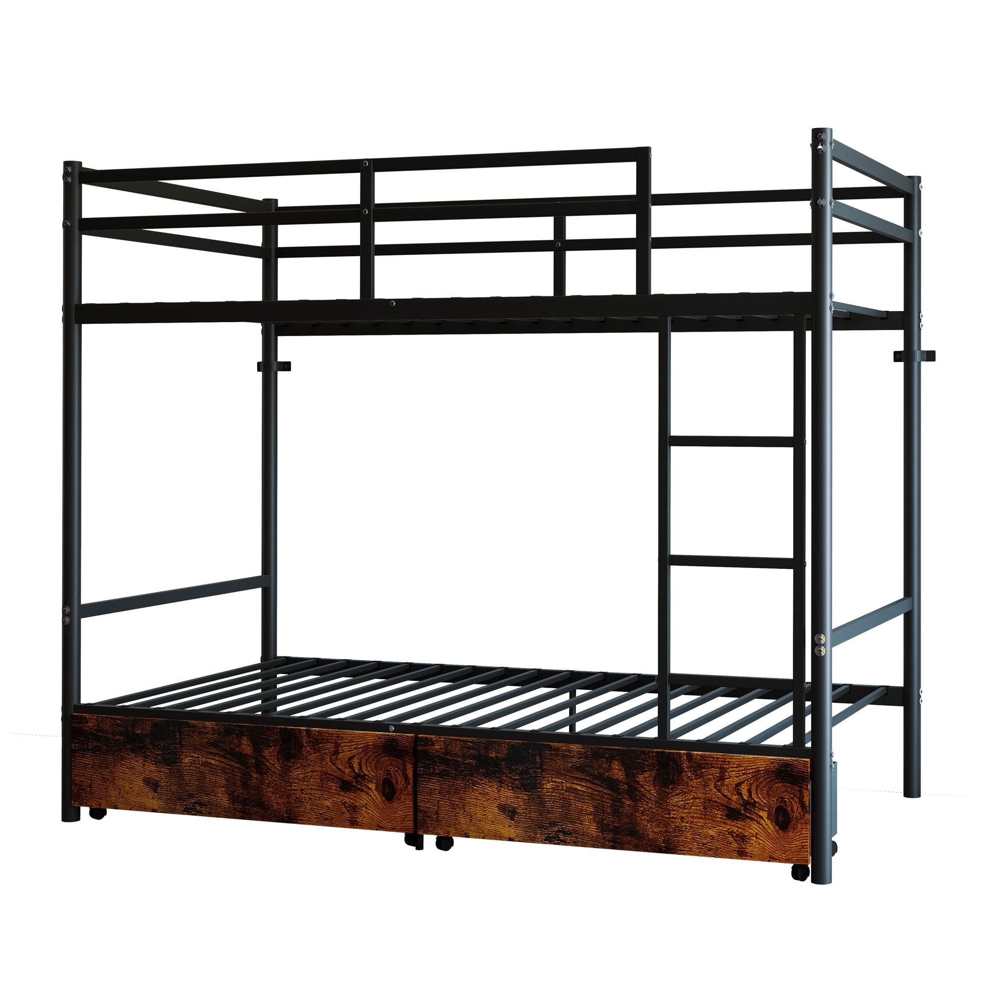 MAYEERTY Twin Over Twin Metal Bunk Bed with Storage Drawer, Heavy Duty Bed Frame with Ladder and High Guardrail, 485 lbs Capacity, for Kids Teens Adults Dorm