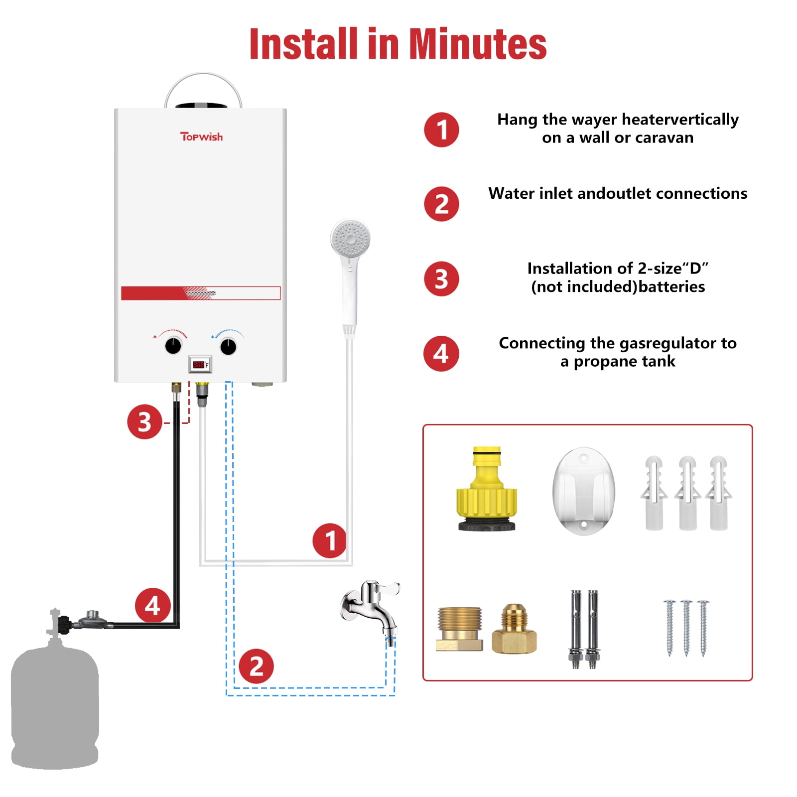 TOPWISH 8L Tankless Propane Water Heater, 2.11 GPM Portable Camping Hot Water Heater, 54,500 BTU, Digital Display, 6-in-1 Safety Protection, Battery-Powered for Outdoor RV Shower & Cabin