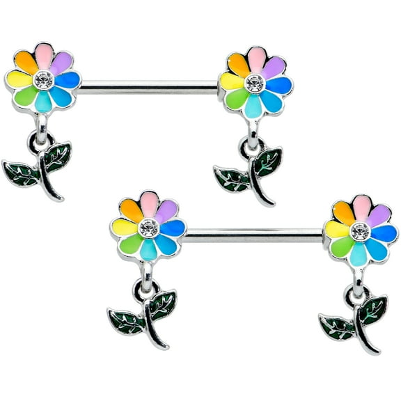 Body Candy 14G Nipple Piercing Jewelry Stainless Steel 2Pc Rainbow Flower Dangle Barbell Nipple Rings 9/16