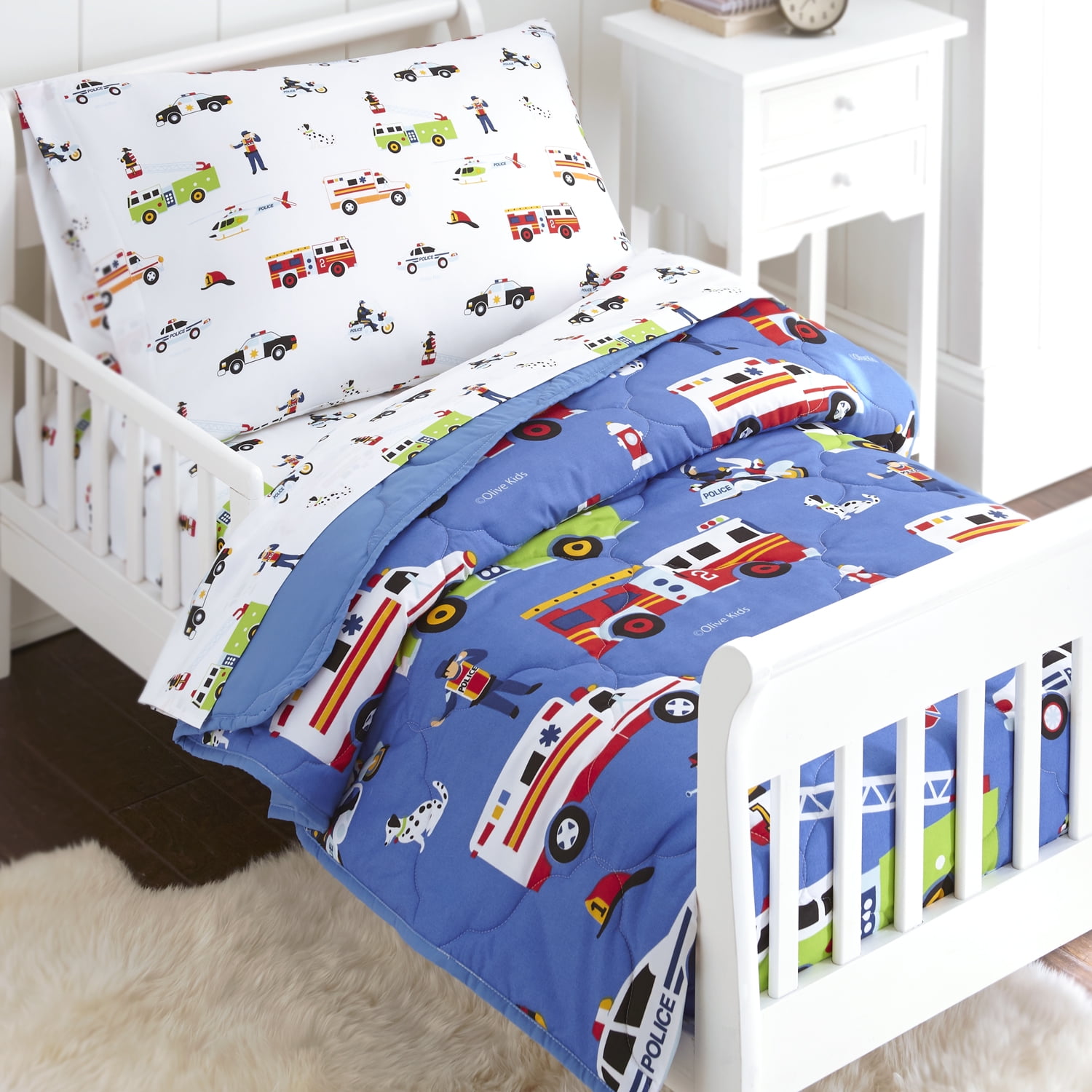 SHEETS SET Bed in a Bag Crib Firemen Police boys 4pc HEROES Toddler COMFORTER 
