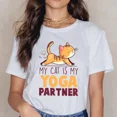 thumbnail image 3 of Mon Chat Est Mon Partenaire de Yoga T-Shirt Imprimé Femmes Hommes Été Décontracté Manches Courtes Col Rond Hauts T-Shirts Mode HM374-Rouge L, 3 of 5