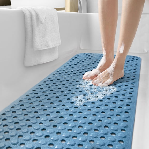 PABUBE Shower Mat for Bathtub, Quick Dry Bathtub Mat 16"x 39", Bath Mat for Tub with Powerful Suction Cup & Drain Holes , Soft On Feet, Non-Slip Machine Washable Tub Mat, Easy to Cut, Blue