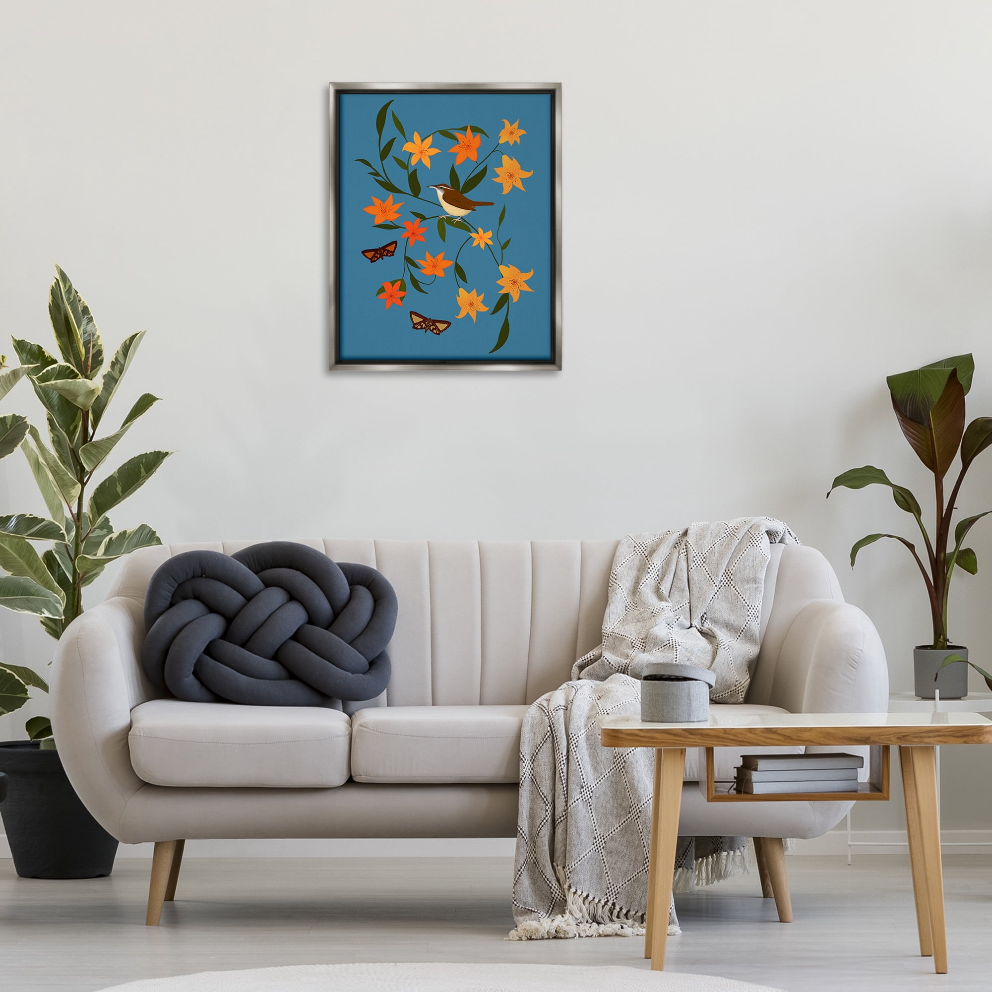 Stupell Industries Sparrow on Lily Bunches Plants & Flowers Painting Gray Floater Framed Canvas Art Print Wall Art, 25 x 31