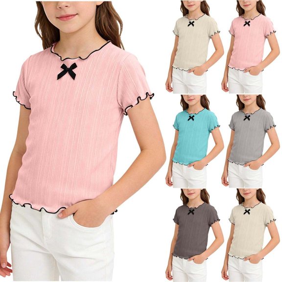 Bxsruta Girls Bow Detail Ruffle Short Sleeve Casual Tee Soft Stretchy Everyday Top for Kids
