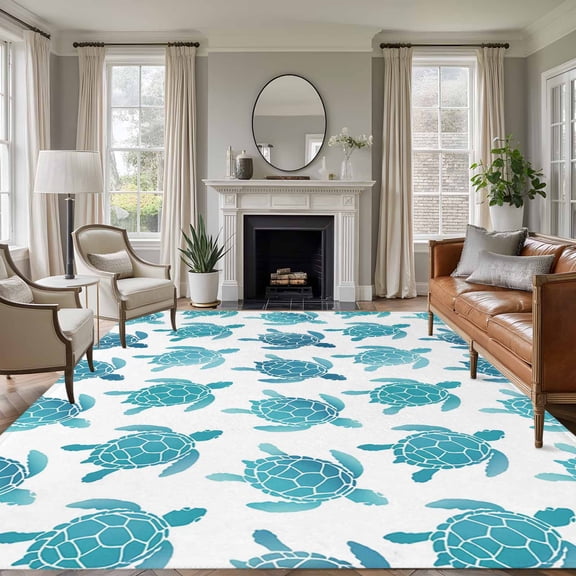 5'x7' Area Rugs, Coastal Sea Turtle Indoor Outdoor Area Rug for Living Room Bedroom, Nautical Turquoise Ocean Creatures Washable Bathroom Rugs Kitchen Floor Carpet Mats Home Decor Aesthetic