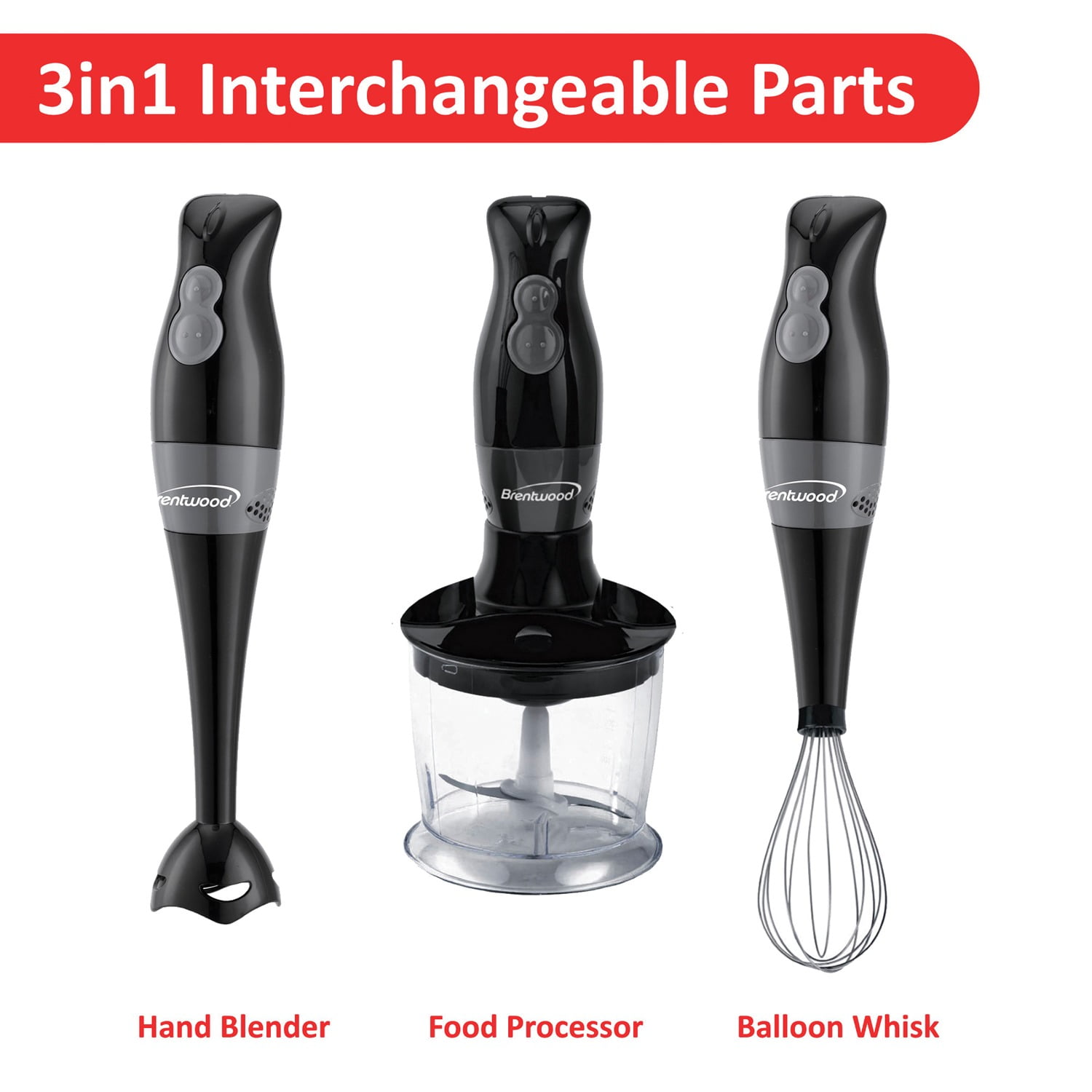 Brentwood 2-Speed Hand Blender and Food Processor with Balloon Whisk, Black