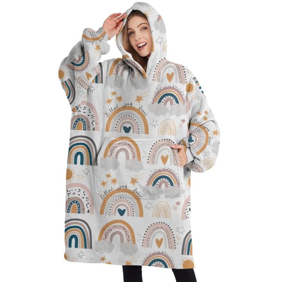 Oversized Wearable Blanket Hoodie,White Boho Bohemia Rainbows Suns Clouds Pattern Sherpa Blanket Hoodie with Super Pockets,Super Warm Fuzzy Pullover for Women & Men