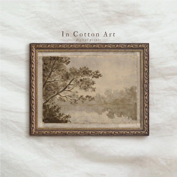 Vintage Style Tree Landscape Wall Art Printable, Antique Sepia Nature Drawing, Rustic Lake House Wall Decor, Neutral Botanical Print | P311 UNFRAMED Poster, Wall Art for Decor, Present, 8x12