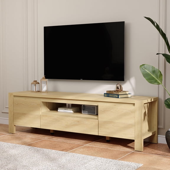 63" TV Stand with Doors and Cabinet, Farmhouse Entertainment Center, Entertainment Stand for TVs Up to 70", TV Console for Living Room, Bedroom, Natural Color