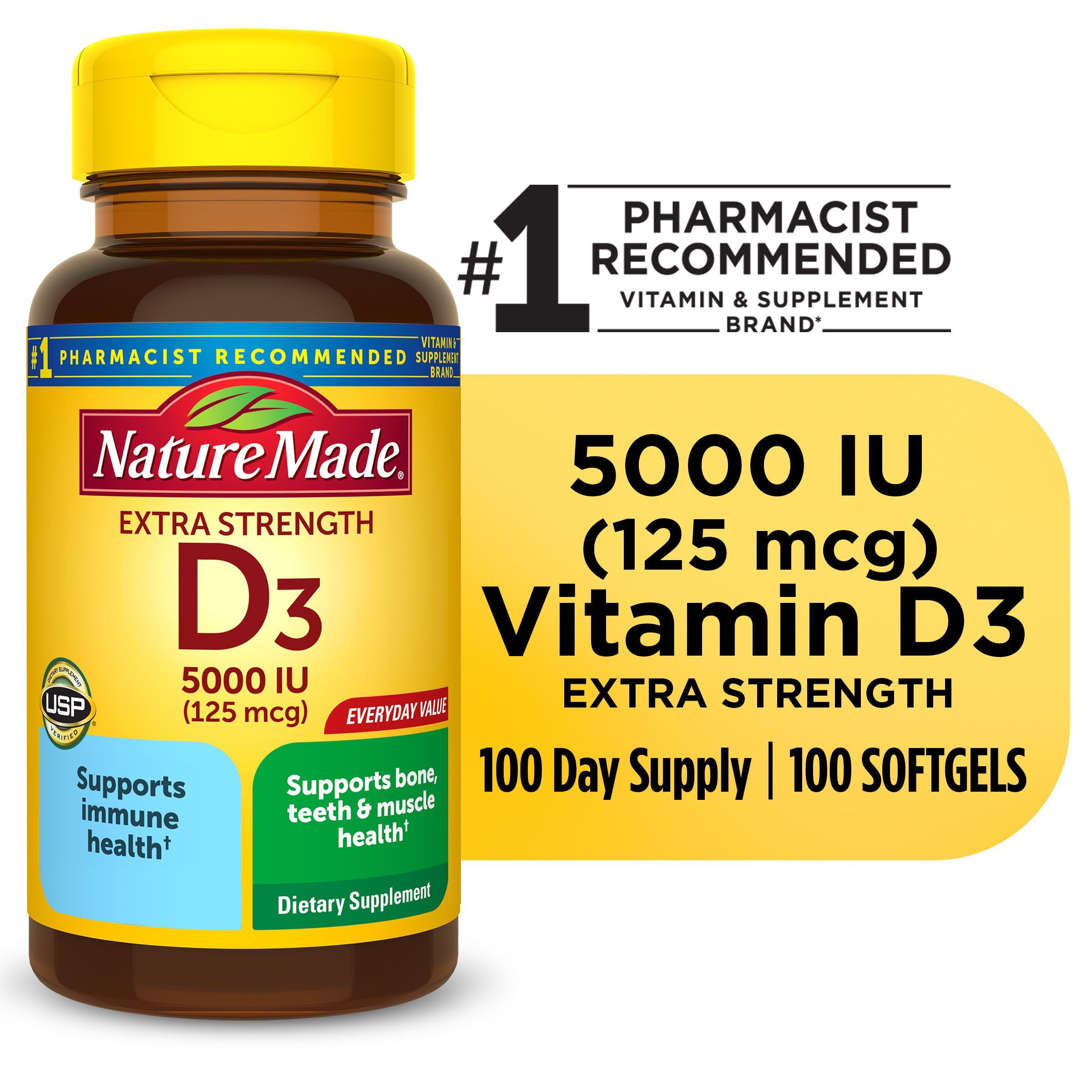 Sicilië loyaliteit periodieke Nature Made Extra Strength Vitamin D3 5000 IU (125 mcg) Softgels, Dietary  Supplement for Bone and Immune Health Support, 100 Count - Walmart.com