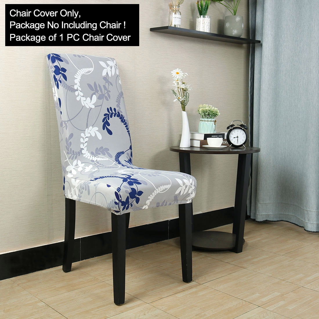 Unique Bargains Stretch Floral Print Dining Chair Cover Gray and Deep Blue M
