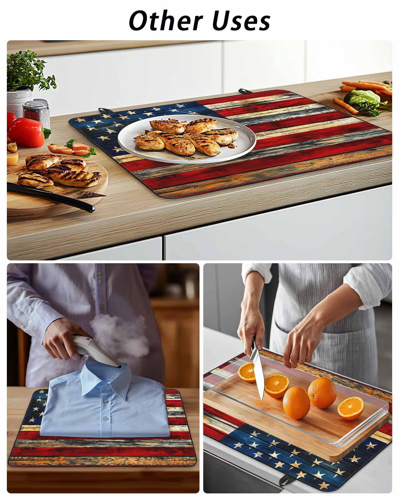 Stove Top Covers for Electric Stove, Retro American Flag Glass Stovetop Cover Protector, Blue Red USA Flag Vintage Wood Induction Cooktop Protector Oven Mat for Kitchen Countertop 31"x24"