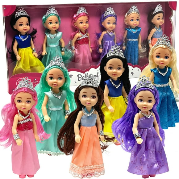Little Dolls Set with Mini Princess Dolls for Girls – Princess Toy Dolls for Dollhouse –Small Doll Mini Princess Figures with Tiaras, Hair Accessories