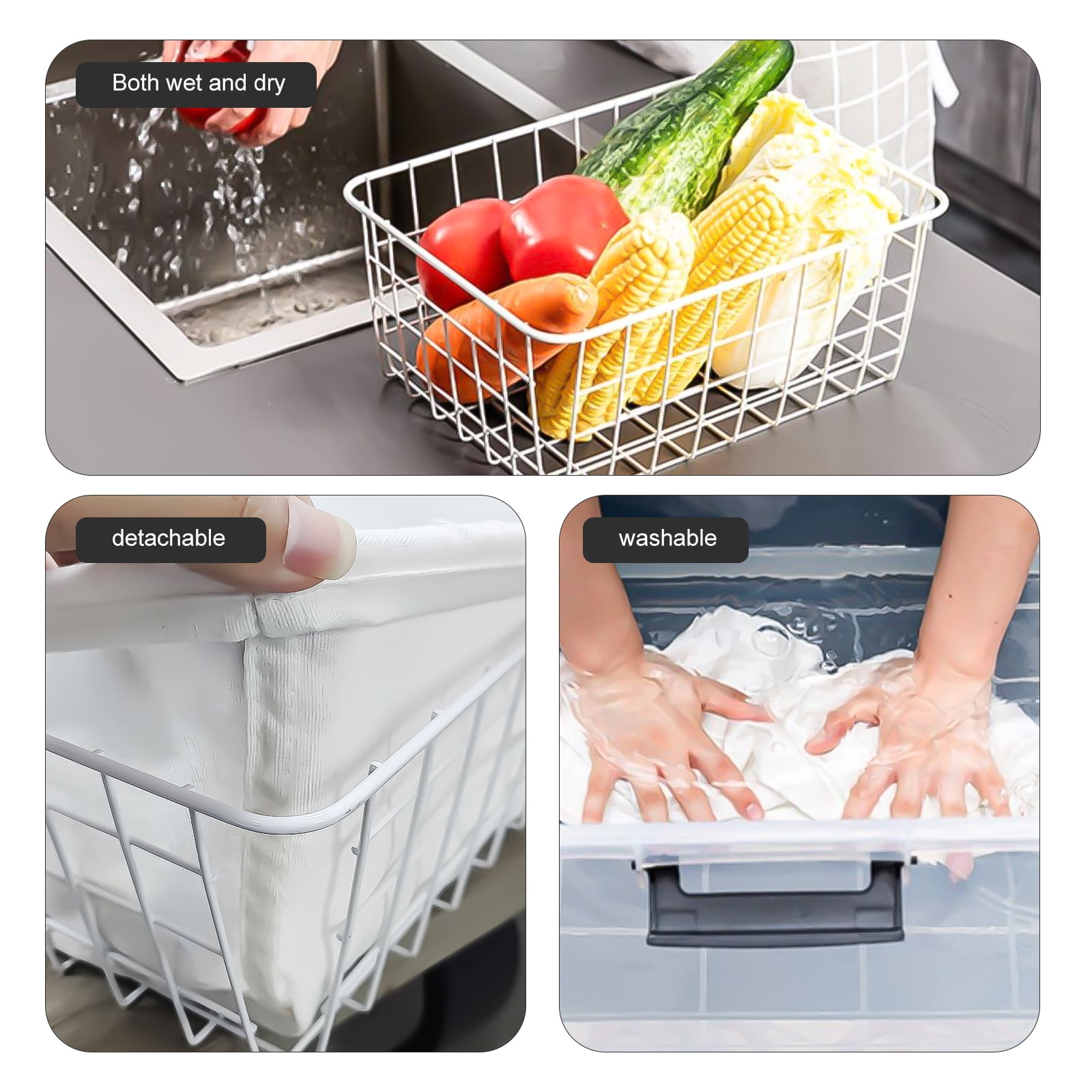 VEGCOO 4-Pack Wire Freezer Basket + 4-Pack Liner with Built-in Handles, Organizer for Kitchen Cabinets, Pantry, Freezer, Office, Bathroom Storage (11*8.7*4.7 inches)