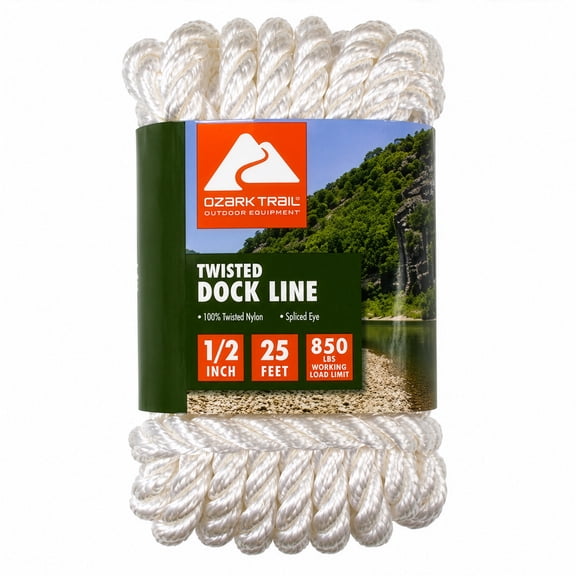 Ozark Trail Twisted Nylon Marine Dock Line, 1/2 in x 25 ft, White, Spliced End, 850 lb Maximum Working Load