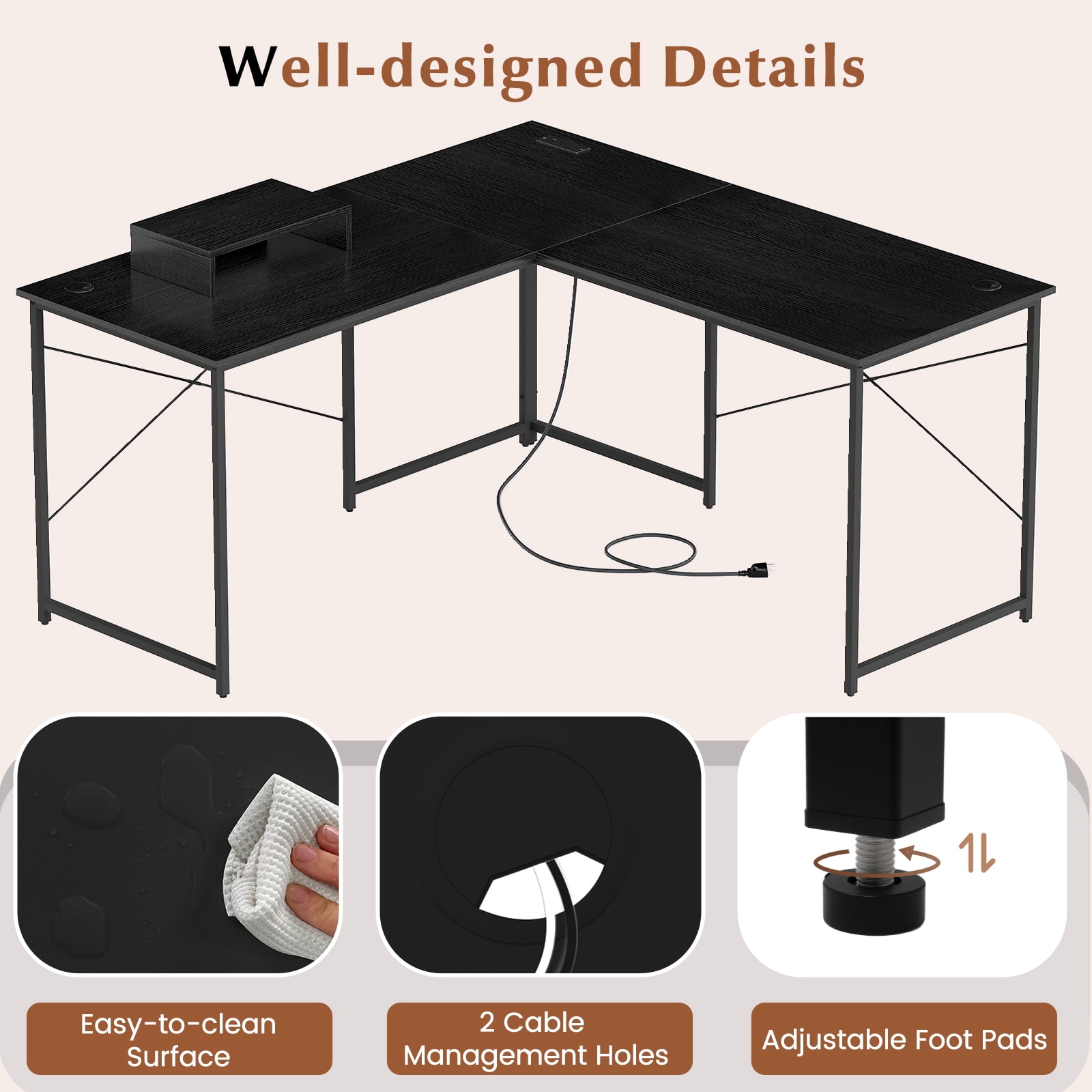 Giantex 95 Inch Reversible Corner Desk, L-Shaped Computer Desk w/Monitor Stand & 3 Cable Holes, 2-Person Long Study Writing Desk for ome Office, Black